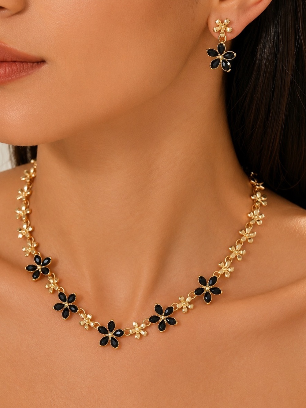 Statement Gold Floral Necklace and Earring Set with Black Accents